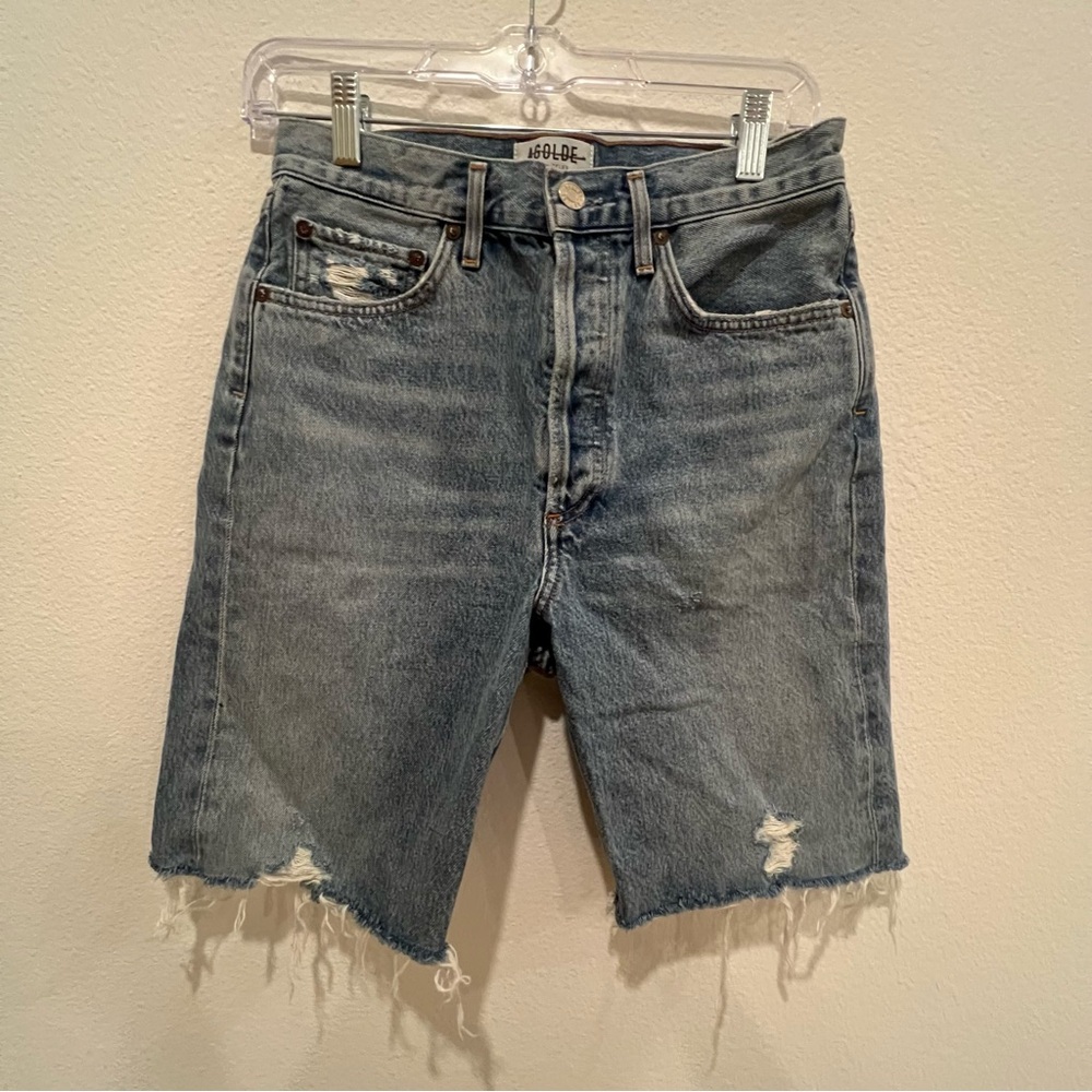 Agolde Ripped And Frayed Button Fly Blue  Denim Shorts Size 25